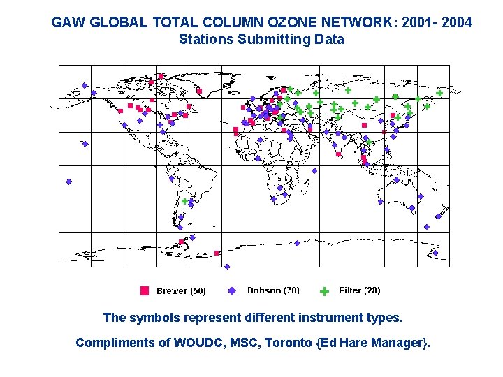 GAW GLOBAL TOTAL COLUMN OZONE NETWORK: 2001 - 2004 Stations Submitting Data The symbols