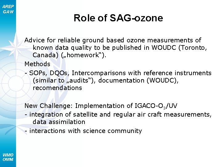 AREP GAW Role of SAG-ozone Advice for reliable ground based ozone measurements of known