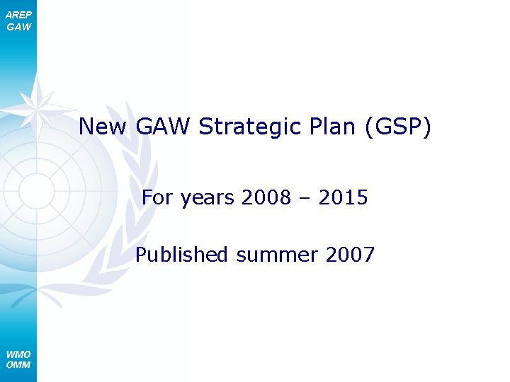 AREP GAW New GAW Strategic Plan (GSP) For years 2008 – 2015 Published summer