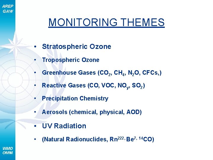 AREP GAW MONITORING THEMES • Stratospheric Ozone • Tropospheric Ozone • Greenhouse Gases (CO