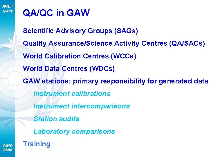 AREP GAW QA/QC in GAW Scientific Advisory Groups (SAGs) Quality Assurance/Science Activity Centres (QA/SACs)