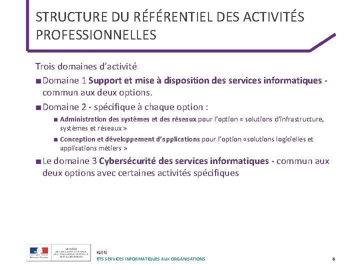 STRUCTURE DU RÉFÉRENTIEL DES ACTIVITÉS PROFESSIONNELLES Trois domaines d’activité ■ Domaine 1 Support et STRUCTURE DU RÉFÉRENTIEL DES ACTIVITÉS PROFESSIONNELLES Trois domaines d’activité ■ Domaine 1 Support et
