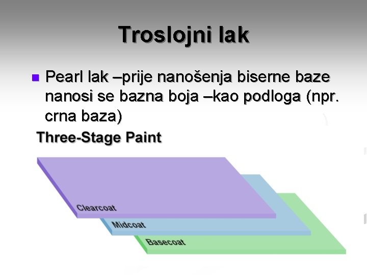 Troslojni lak n Pearl lak –prije nanošenja biserne baze nanosi se bazna boja –kao