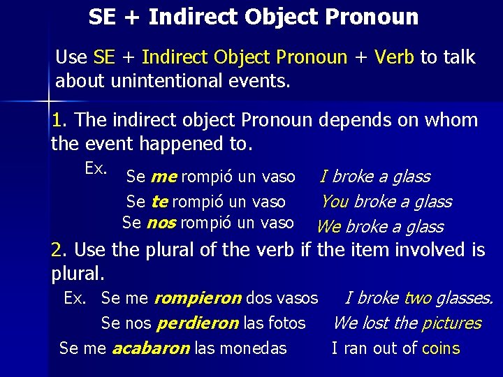 SE + Indirect Object Pronoun Use SE + Indirect Object Pronoun + Verb to