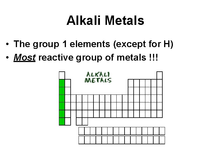 Alkali Metals • The group 1 elements (except for H) • Most reactive group