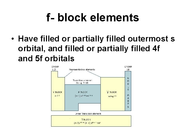 f- block elements • Have filled or partially filled outermost s orbital, and filled