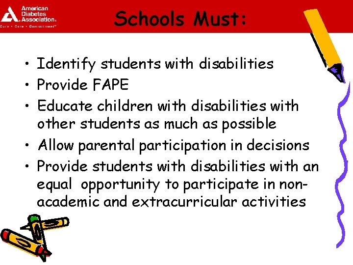 Schools Must: • Identify students with disabilities • Provide FAPE • Educate children with
