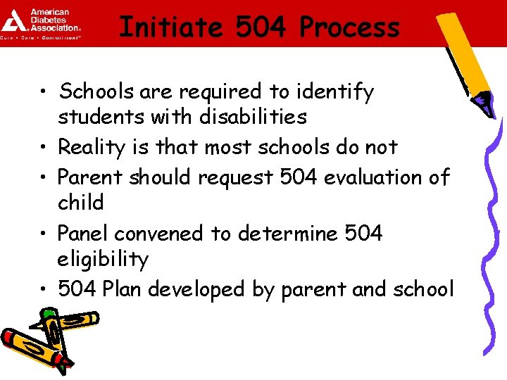 Initiate 504 Process • Schools are required to identify students with disabilities • Reality