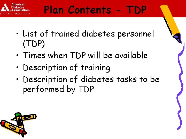 Plan Contents - TDP • List of trained diabetes personnel (TDP) • Times when