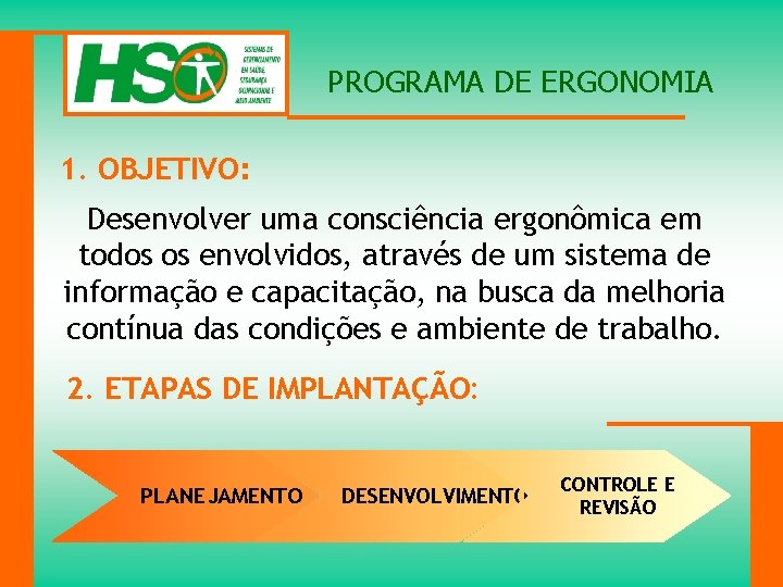 PROGRAMA DE ERGONOMIA 1. OBJETIVO: Desenvolver uma consciência ergonômica em todos os envolvidos, através