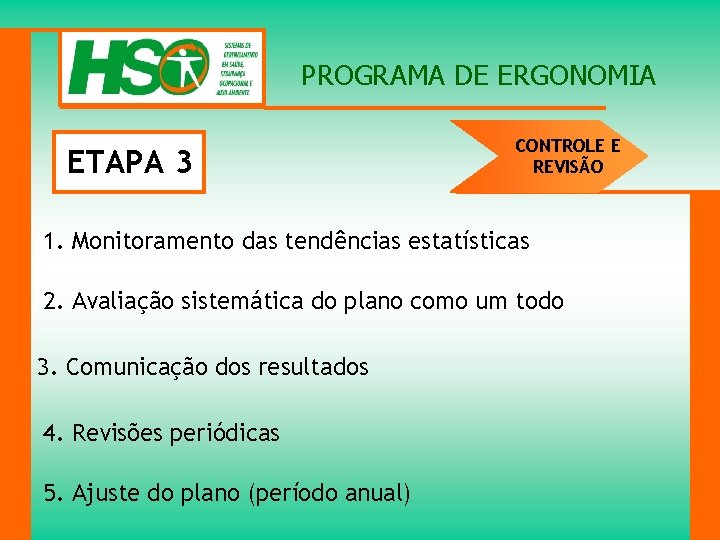PROGRAMA DE ERGONOMIA ETAPA 3 CONTROLE E REVISÃO 1. Monitoramento das tendências estatísticas 2.