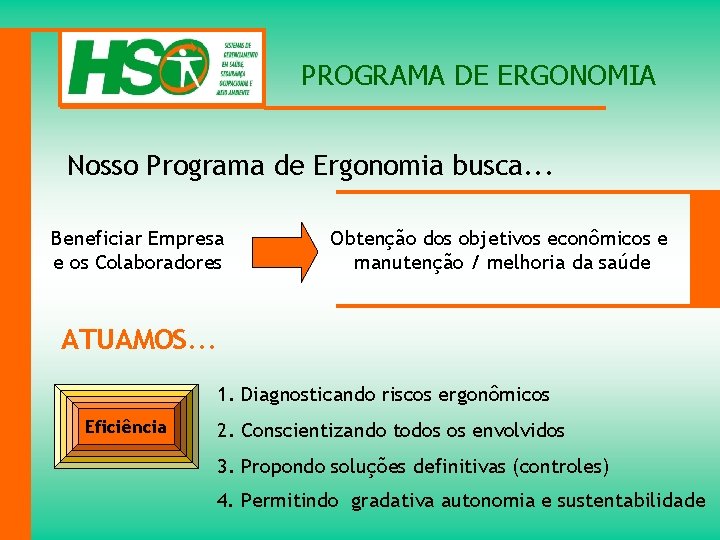 PROGRAMA DE ERGONOMIA Nosso Programa de Ergonomia busca. . . Beneficiar Empresa e os