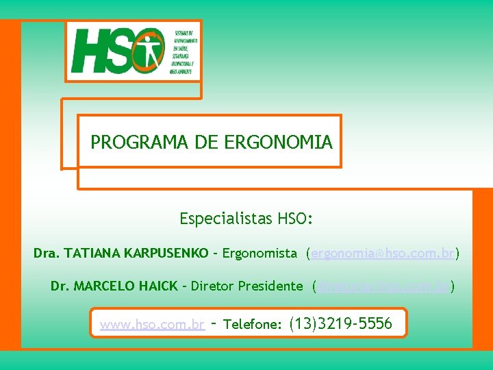 PROGRAMA DE ERGONOMIA Especialistas HSO: Dra. TATIANA KARPUSENKO – Ergonomista (ergonomia@hso. com. br) Dr.