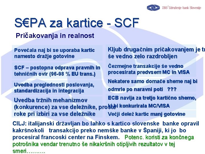 S€PA za kartice - SCF Pričakovanja in realnost Povečala naj bi se uporaba kartic