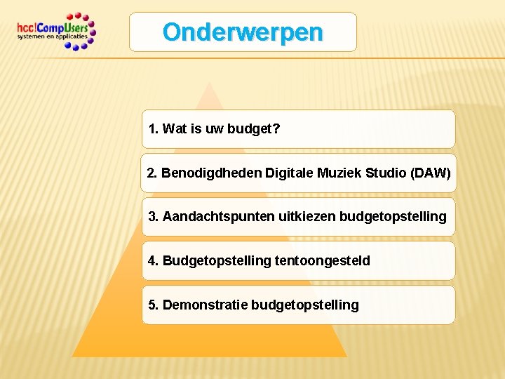 Onderwerpen 1. Wat is uw budget? 2. Benodigdheden Digitale Muziek Studio (DAW) 3. Aandachtspunten