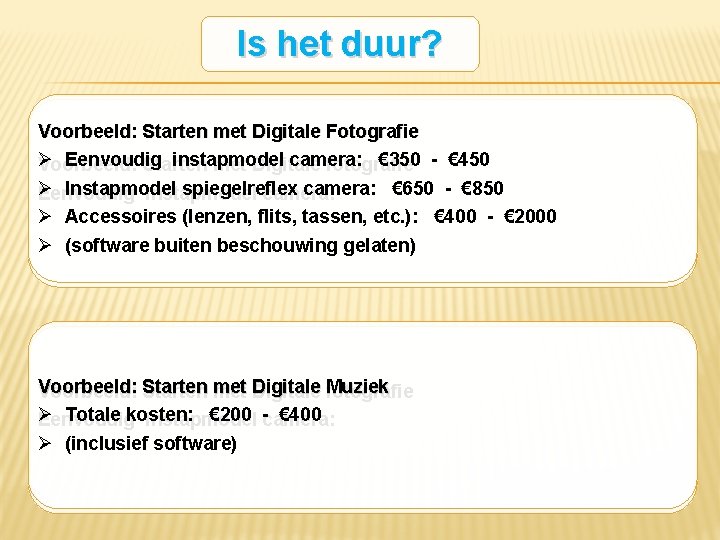 Is het duur? Voorbeeld: Starten met Digitale Fotografie Ø Eenvoudig instapmodel camera: € 350