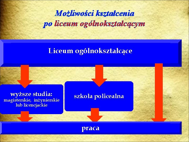 Możliwości kształcenia po liceum ogólnokształcącym Liceum ogólnokształcące wyższe studia: magisterskie, inżynierskie lub licencjackie szkoła