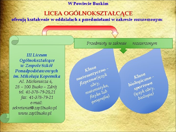 W Powiecie Buskim LICEA OGÓLNOKSZTAŁCĄCE oferują kształcenie w oddziałach z przedmiotami w zakresie rozszerzonym: