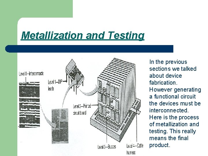 Metallization and Testing In the previous sections we talked about device fabrication. However generating