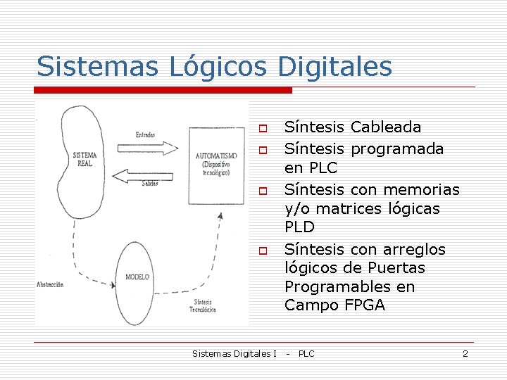 Sistemas Lógicos Digitales o o Sistemas Digitales I Síntesis Cableada Síntesis programada en PLC