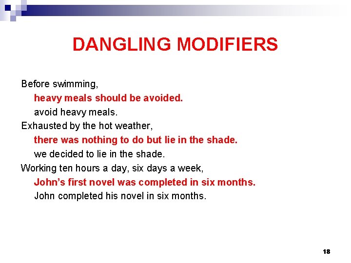 DANGLING MODIFIERS Before swimming, heavy meals should be avoided. avoid heavy meals. Exhausted by