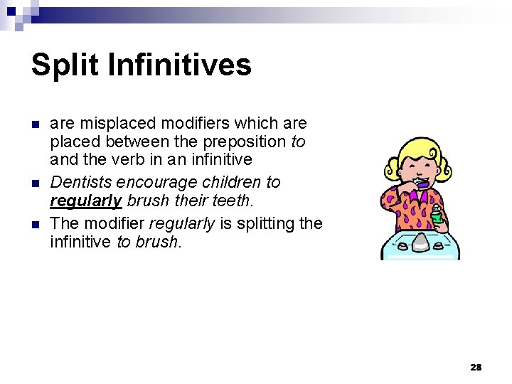 Split Infinitives n n n are misplaced modifiers which are placed between the preposition