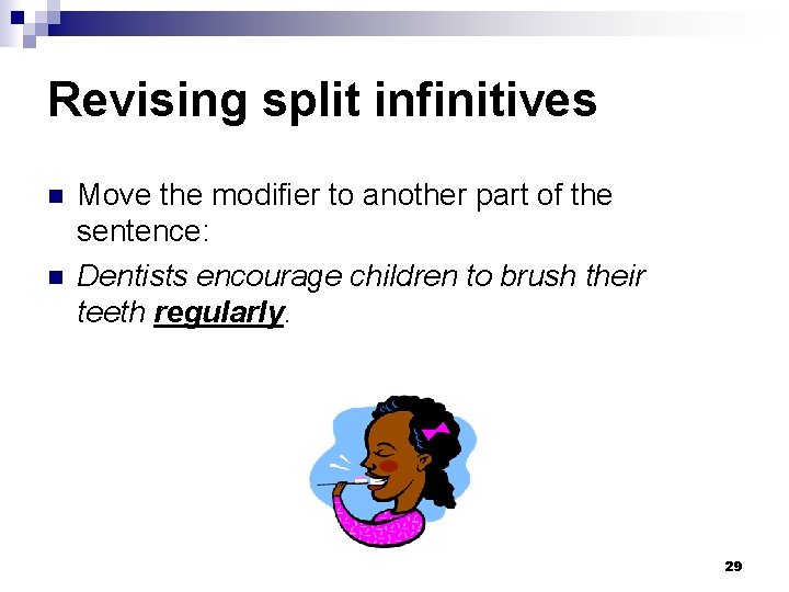 Revising split infinitives n n Move the modifier to another part of the sentence: