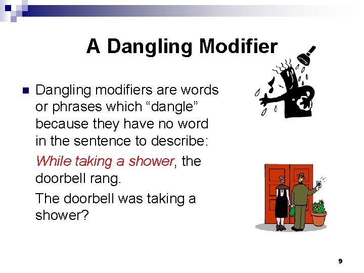 A Dangling Modifier n Dangling modifiers are words or phrases which “dangle” because they