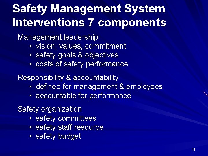 Safety Management System Interventions 7 components Management leadership • vision, values, commitment • safety