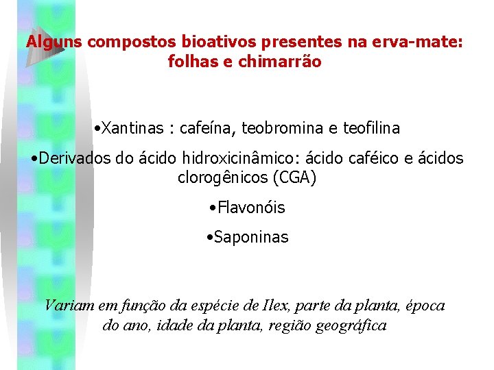 Alguns compostos bioativos presentes na erva-mate: folhas e chimarrão • Xantinas : cafeína, teobromina Alguns compostos bioativos presentes na erva-mate: folhas e chimarrão • Xantinas : cafeína, teobromina