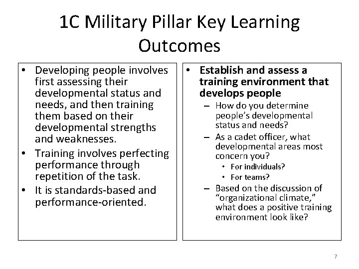 1 C Military Pillar Key Learning Outcomes • Developing people involves first assessing their