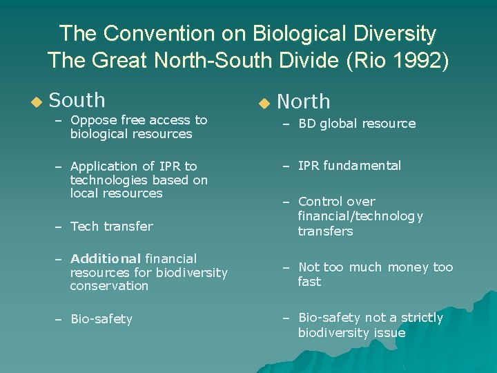 The Convention on Biological Diversity The Great North-South Divide (Rio 1992) u South –