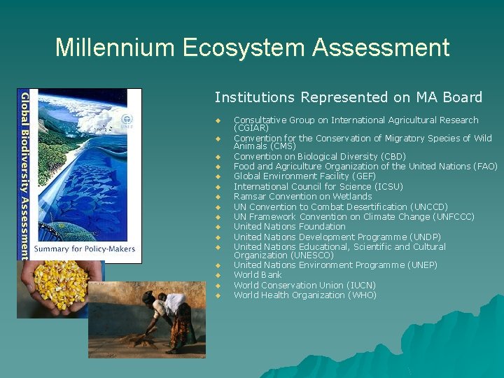 Millennium Ecosystem Assessment Institutions Represented on MA Board u u u u Consultative Group