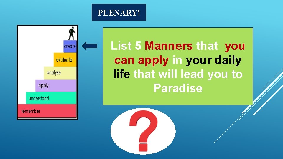 PLENARY! List 5 Manners that you can apply in your daily life that will