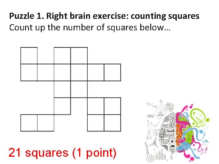 Puzzle 1. Right brain exercise: counting squares Count up the number of squares below…
