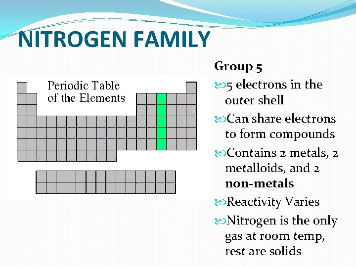 NITROGEN FAMILY Group 5 5 electrons in the outer shell Can share electrons to