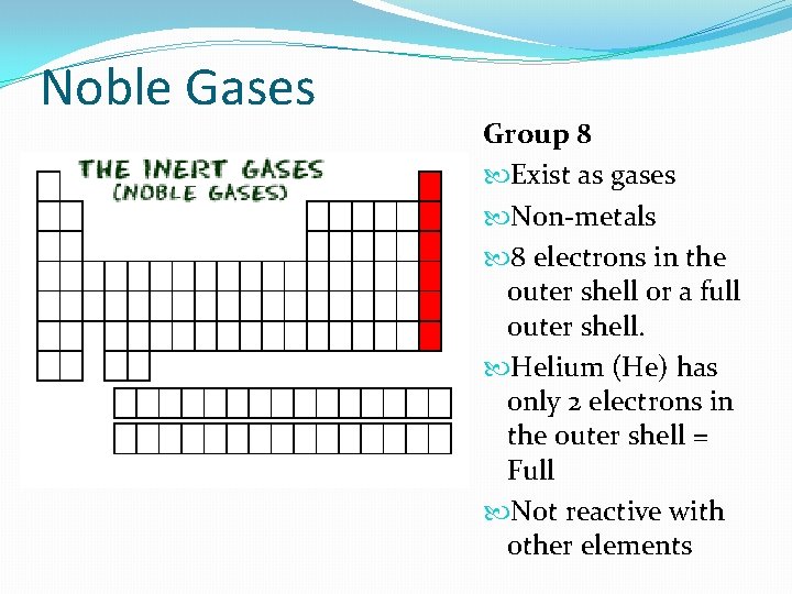 Noble Gases Group 8 Exist as gases Non-metals 8 electrons in the outer shell