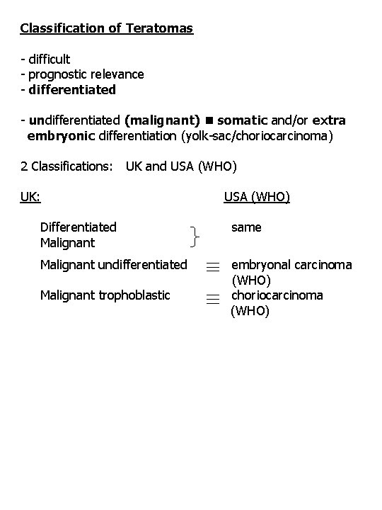 Classification of Teratomas - difficult - prognostic relevance - differentiated - undifferentiated (malignant) somatic