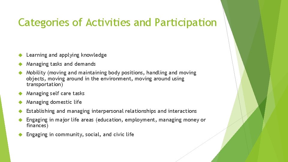 Categories of Activities and Participation Learning and applying knowledge Managing tasks and demands Mobility