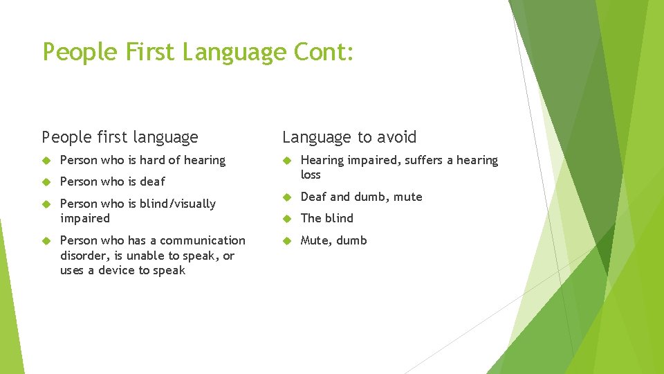 People First Language Cont: People first language Person who is hard of hearing Person