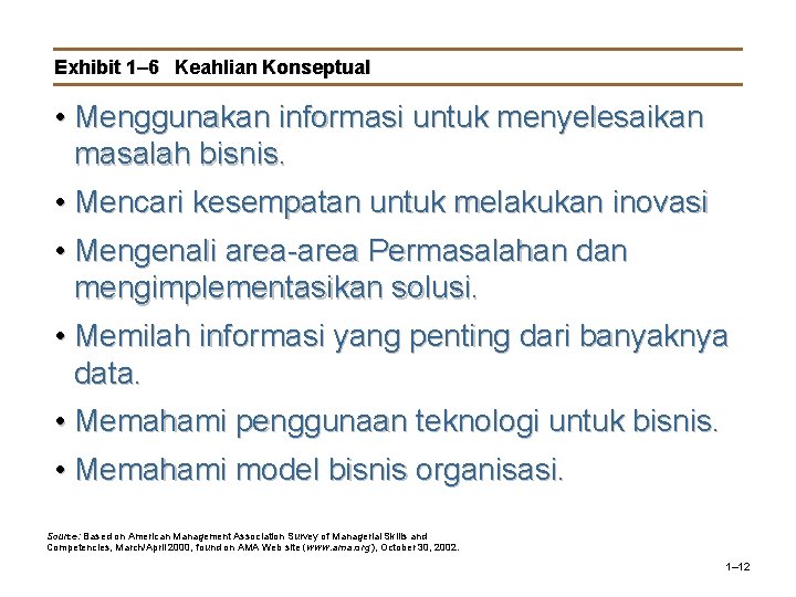 Exhibit 1– 6 Keahlian Konseptual • Menggunakan informasi untuk menyelesaikan masalah bisnis. • Mencari