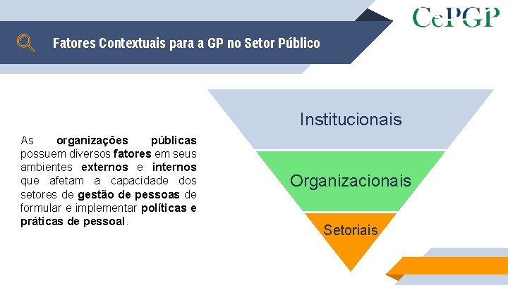 Fatores Contextuais para a GP no Setor Público Institucionais As organizações públicas possuem diversos