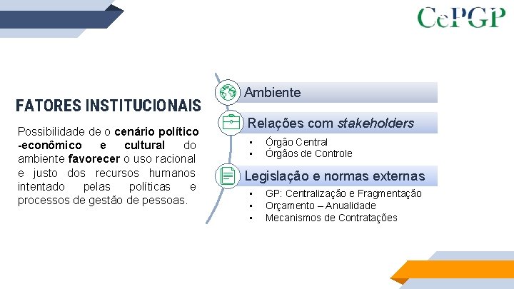 FATORES SETORIAIS FATORES INSTITUCIONAIS Possibilidade de o cenário político -econômico e cultural do ambiente