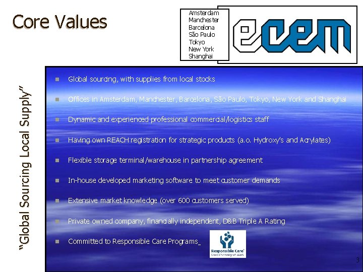 “Global Sourcing Local Supply” Core Values Amsterdam Manchester Barcelona São Paulo Tokyo New York