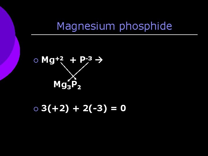 Magnesium phosphide ¡ Mg+2 + P-3 Mg 3 P 2 ¡ 3(+2) + 2(-3)