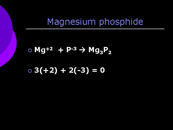 Magnesium phosphide ¡ Mg+2 + P-3 Mg 3 P 2 ¡ 3(+2) + 2(-3)
