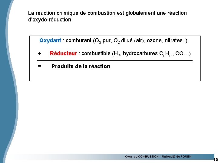 La réaction chimique de combustion est globalement une réaction d’oxydo-réduction Oxydant : comburant (O