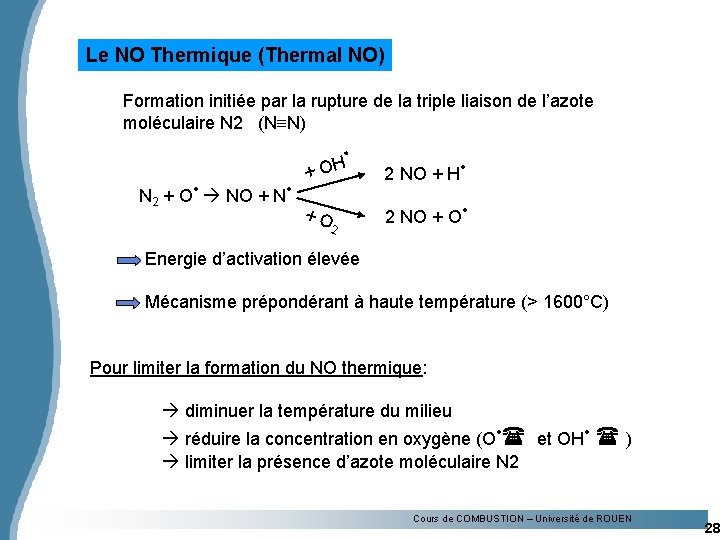 Le NO Thermique (Thermal NO) Formation initiée par la rupture de la triple liaison