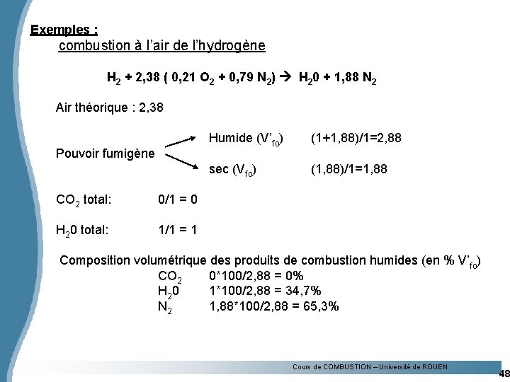 Exemples : combustion à l’air de l’hydrogène H 2 + 2, 38 ( 0,