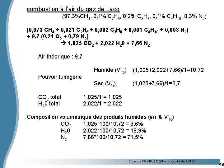 combustion à l’air du gaz de Lacq (97, 3%CH 4, 2, 1% C 2